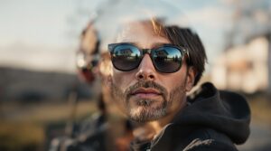 En person med skæg og kort hår iført solbriller med styrke, reflekterer omgivelserne i glassene. Billedet illustrerer overvejelser omkring, hvad briller med styrke koster.